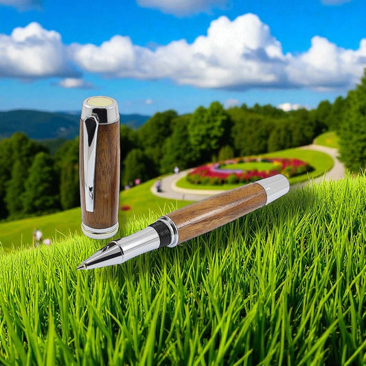 Irish Walnut rollerball pen in bright chrome handmade in Ireland by Irish Pens