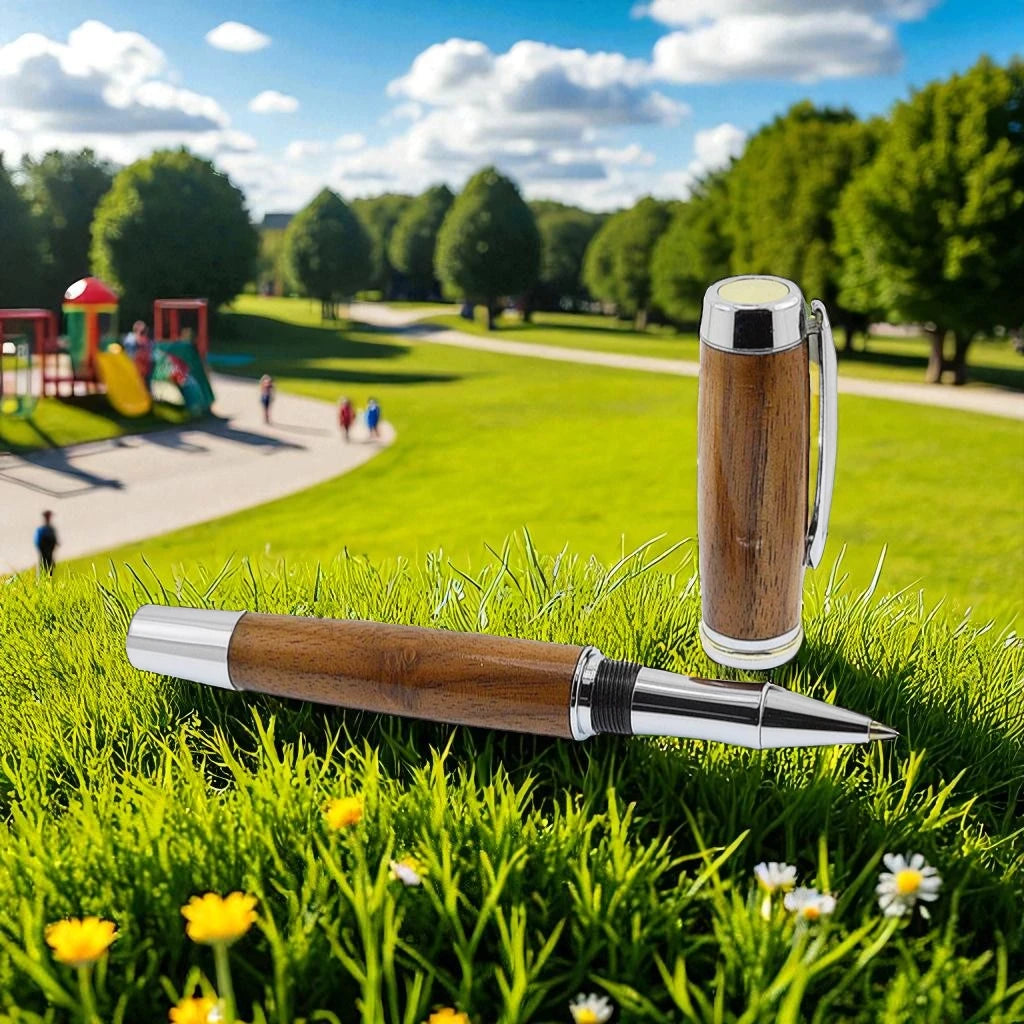 Irish Walnut rollerball pen in bright chrome handmade in Ireland by Irish Pens