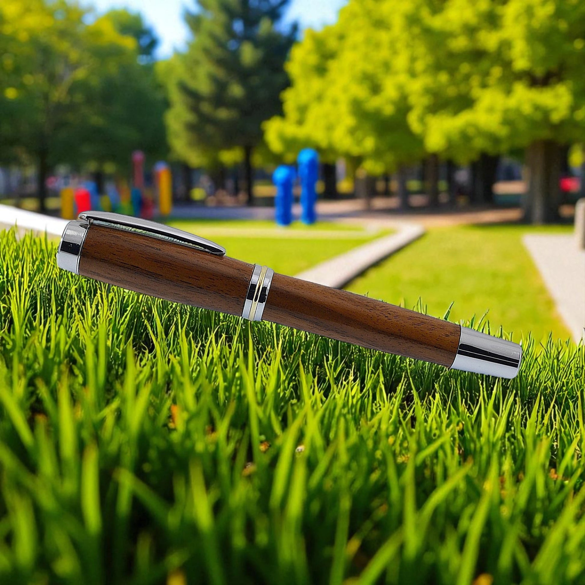 Irish Walnut rollerball pen in bright chrome handmade in Ireland by Irish Pens