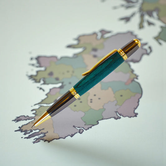 Emerald Green Laminated Wood Sheelin Pen with Black and Gold Titanium Trim – Handmade in Kells, Ireland