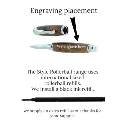 Handmade Irish Bog Oak Rollerball Pen with Bright Gold Trim – Crafted in Ireland