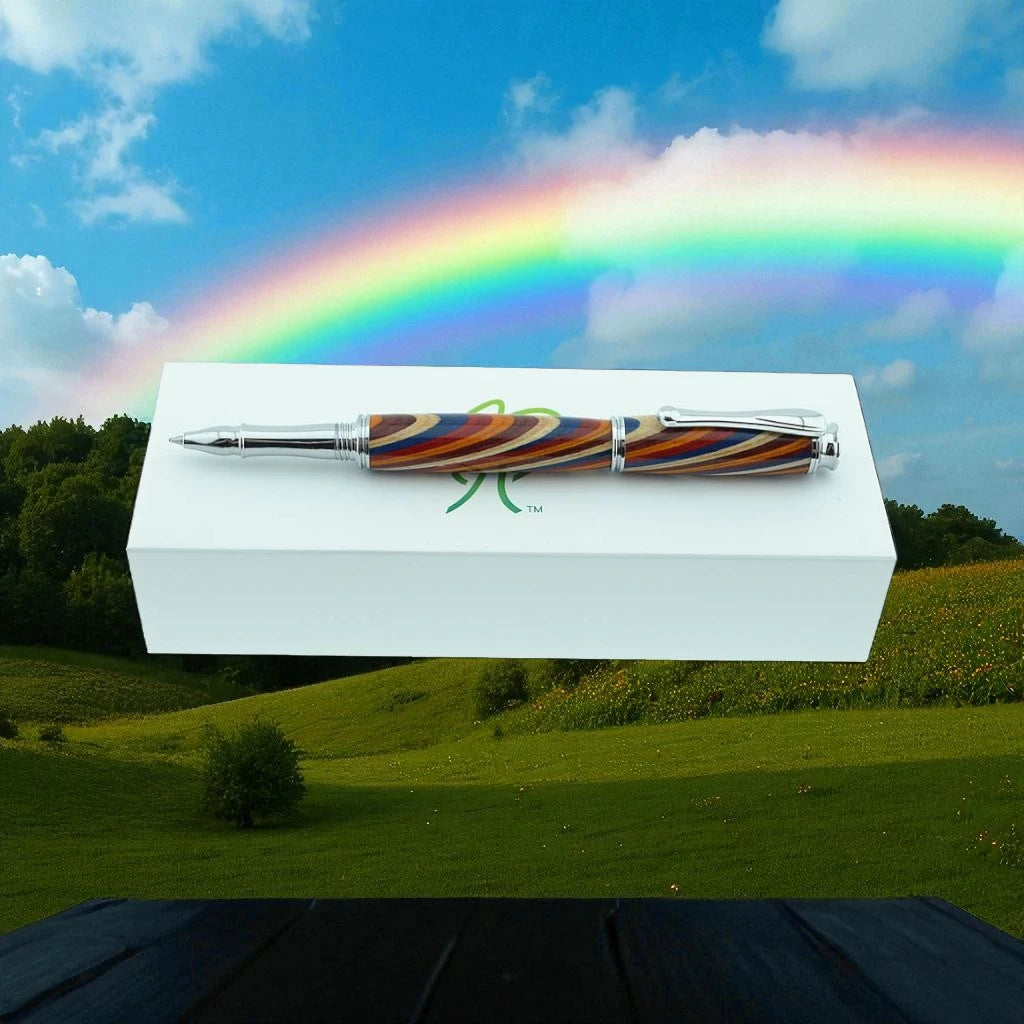 Rainbow coloured rollerball pen handmade in Ireland by Irish Pens