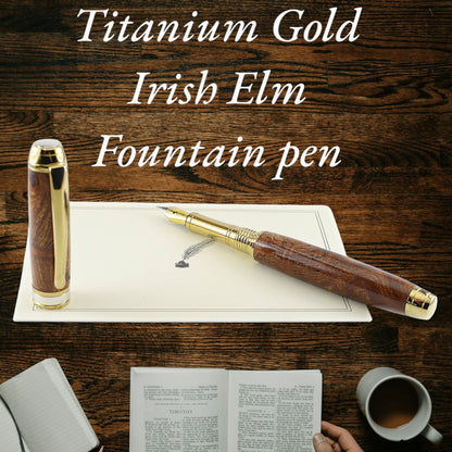 Woodland fountain pen in Irish Burled Elm with Titanium Gold and Rhodium accents