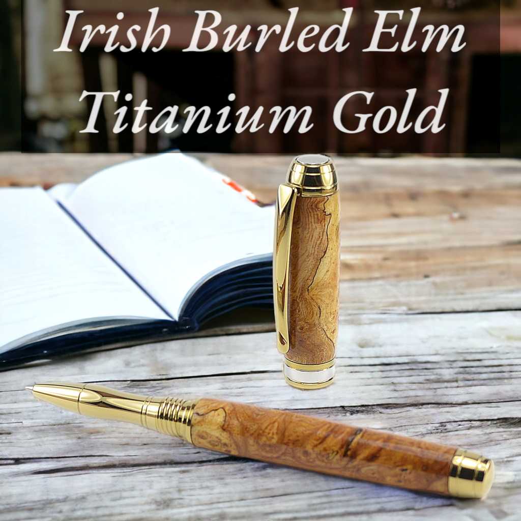 Woodland rollerball in Irish Burled Elm with Titanium Gold trim and Rhodium accents