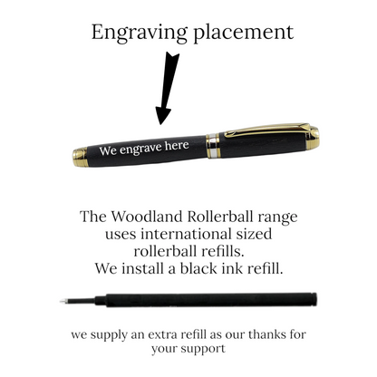 Woodland Rollerball Pen Handmade from Irish Burled Elm with Rhodium and Black Titanium Trim – by Irish Pens