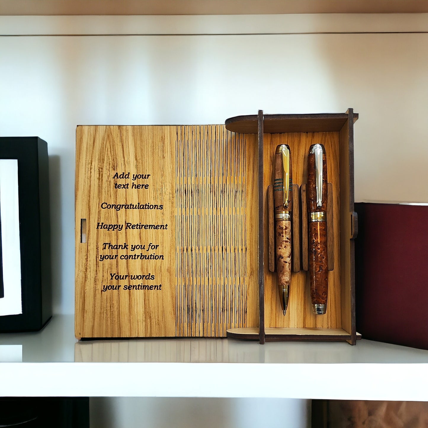 Luxury wooden personalised pen presentation box inspired by the book of Kells by Irish pens