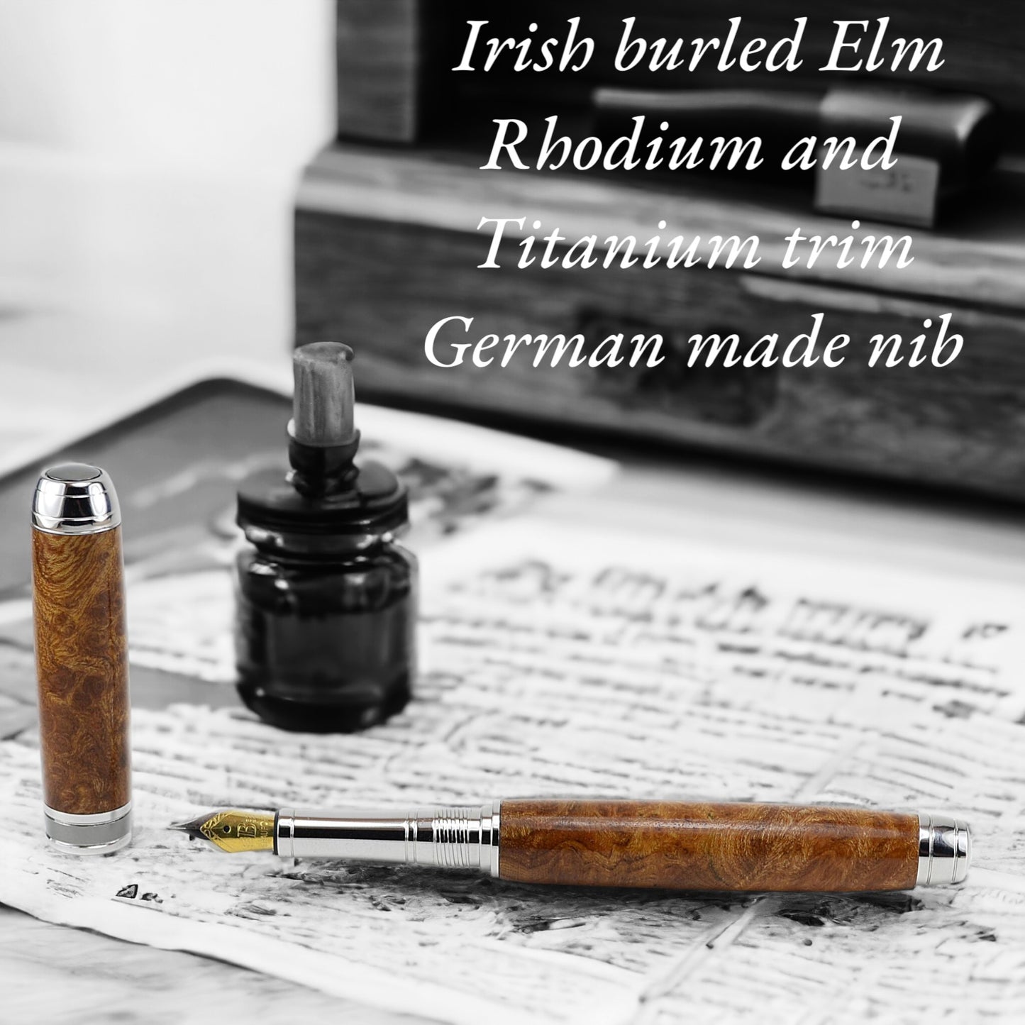 Woodland Fountain Pen handmade from Irish Burled Elm with Rhodium and Black Titanium trim, crafted in Ireland
