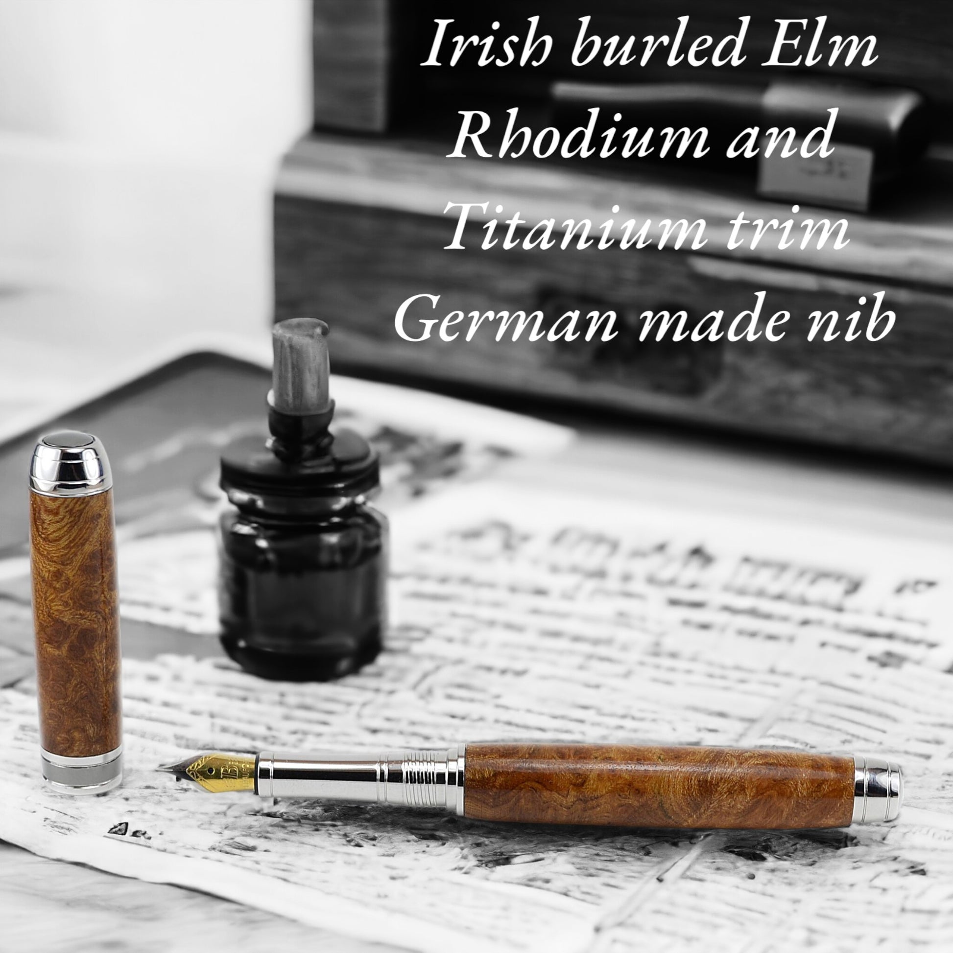 Woodland Fountain Pen handmade from Irish Burled Elm with Rhodium and Black Titanium trim, crafted in Ireland