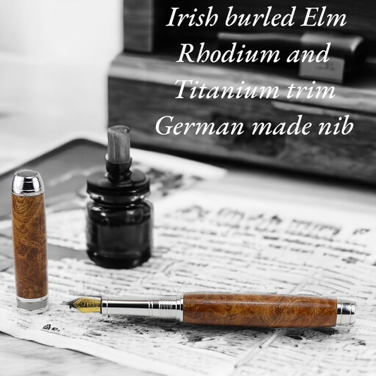 Woodland Fountain Pen handmade from Irish Burled Elm with Rhodium and Black Titanium trim, crafted in Ireland