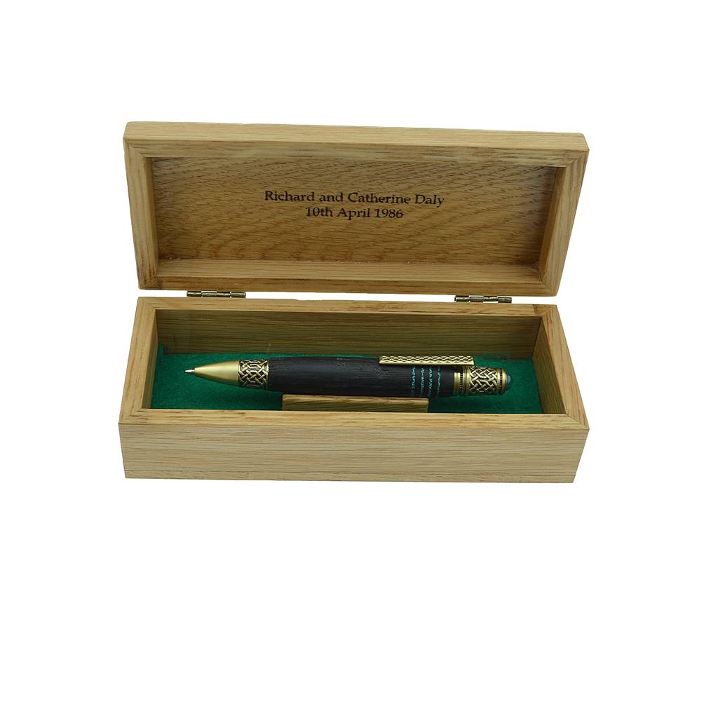 Pen box engraved and handmade in Irish Oak bespoke box for your pen gift made in county Cavan by Irish Pens