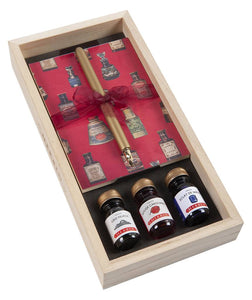 Calligraphy gift set in wooden presentation box with Herbin inks nibs and nib holder by Irish Pens handmade in Ireland