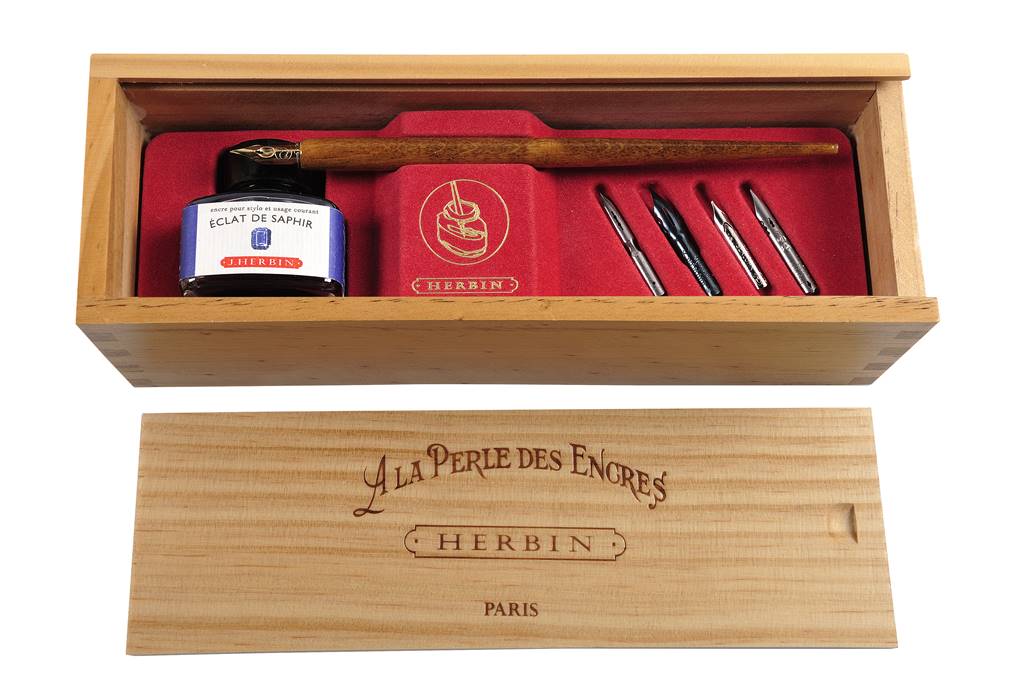 Calligraphy gift set in wooden presentation box with Herbin inks nibs and nib holder by Irish Pens handmade in Ireland