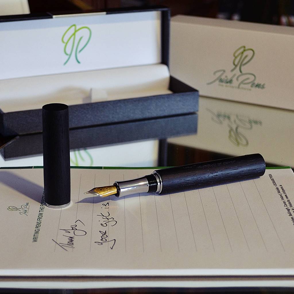 fountain pen unique design by Irish Pens in Irish Bog Oak stunning with Peter Bock nib